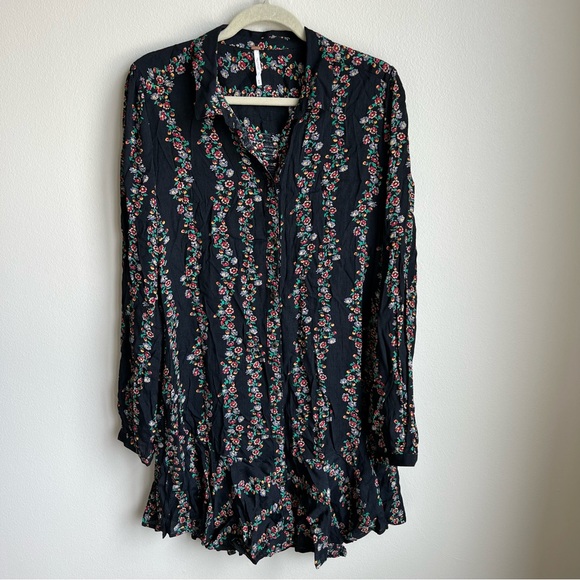 Free People Floral Black Long Sleeve Button Down Mini Dress, Size M - Picture 7 of 10
